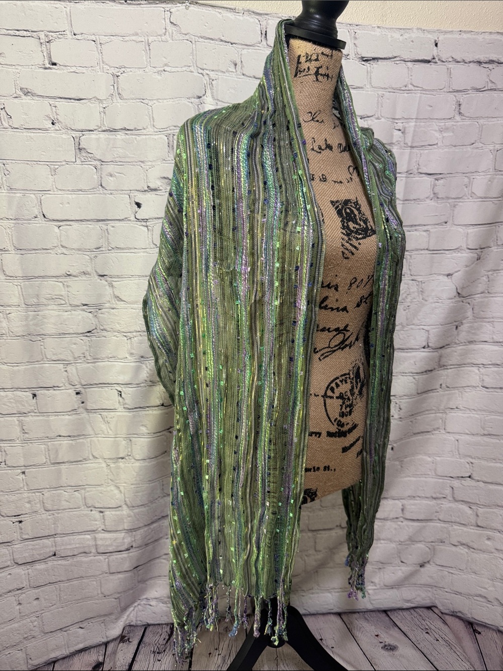 Like new Humble Hilo Bohemian Green & Lavender Striped Fringe Shawl/scarf/wrap - Picture 5 of 8